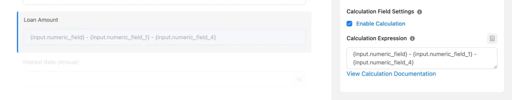 Fluent Forms calculating loan amount by subtracting deposit amount from property price
