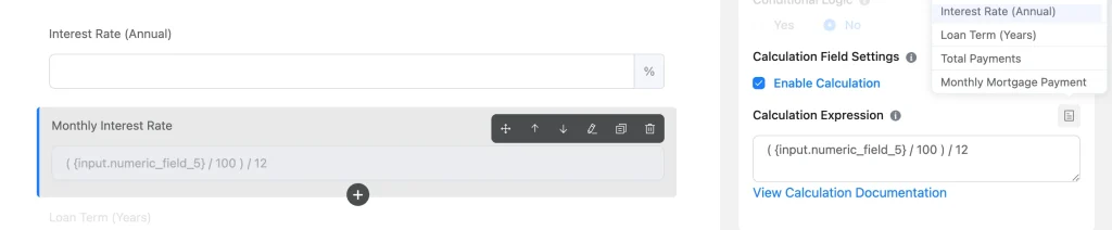Fluent Forms calculating monthly interest rate from annual interest rate