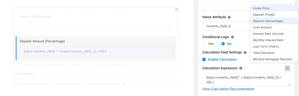 Fluent Forms deriving deposit amount from percentage