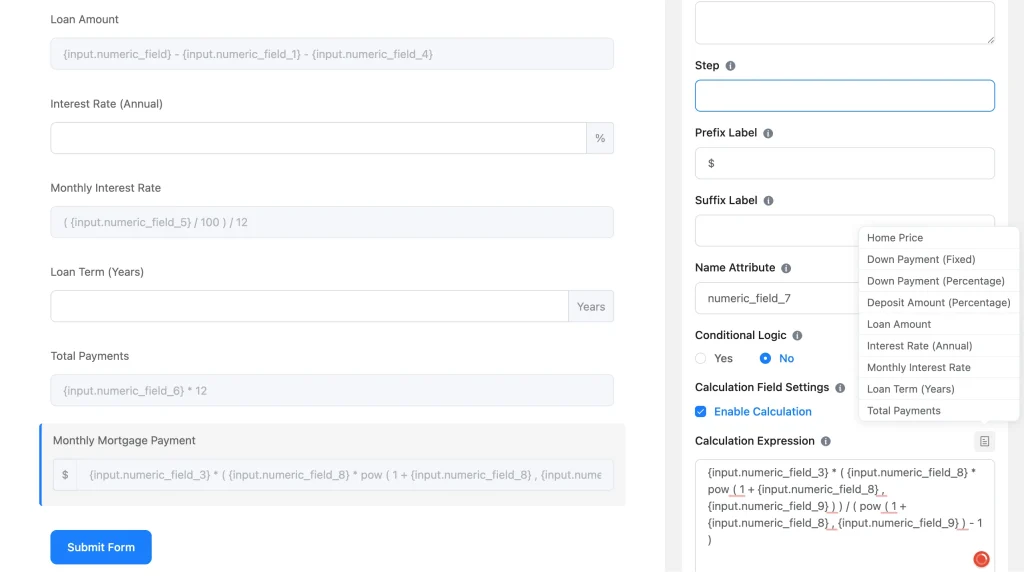 Fluent Forms mortgage calculation amortization formula