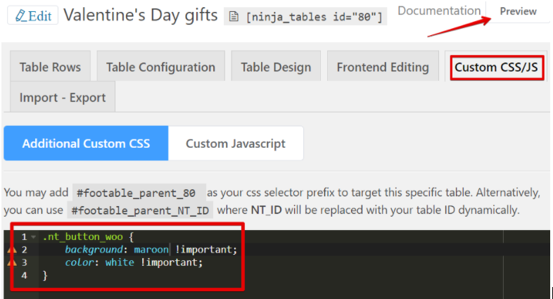 Ninja Tables color customization CSS
