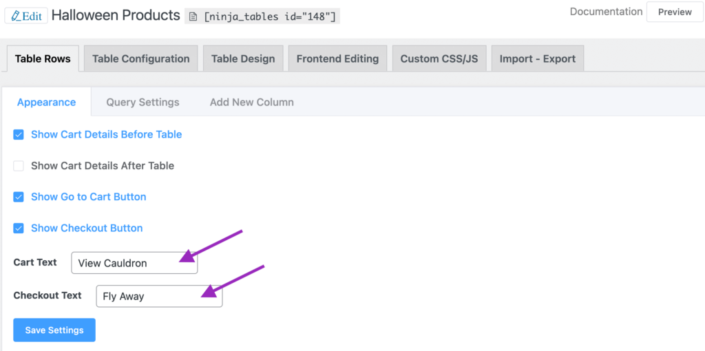 Ninja Tables column customization