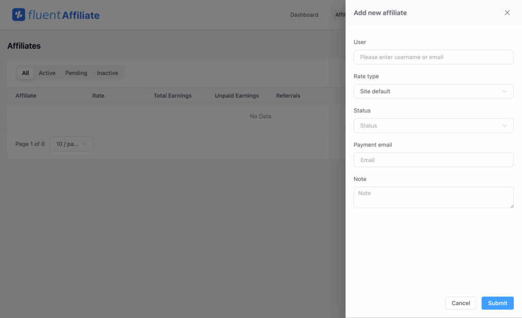 FluentAffiliate, add an affiliate, affiliate management