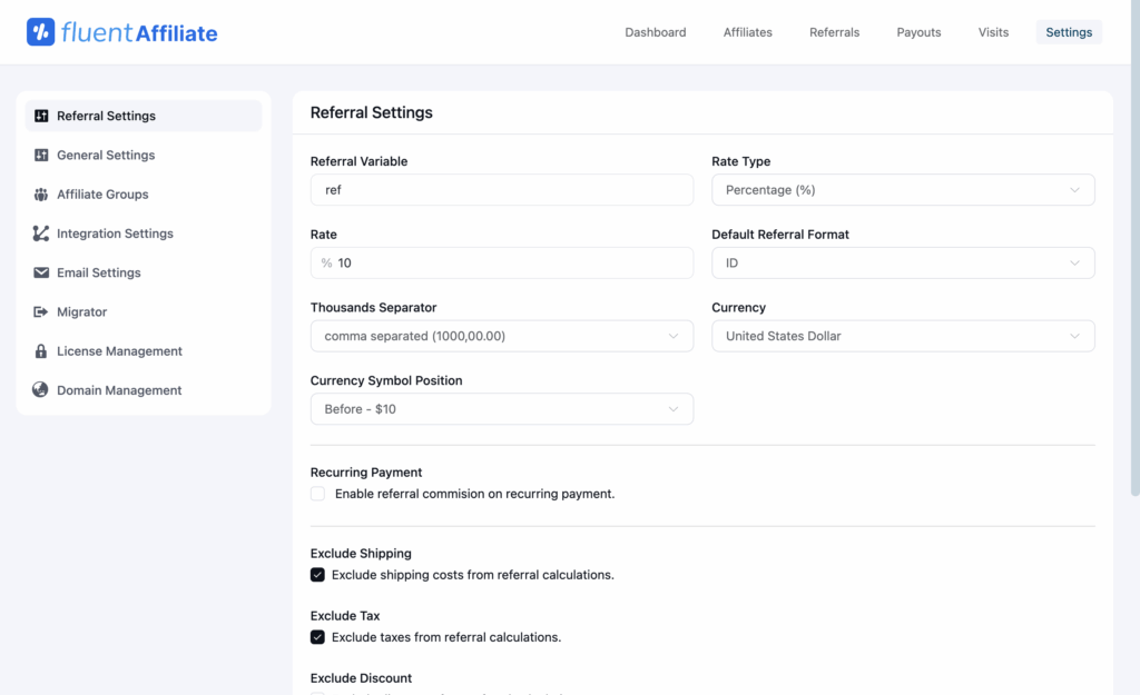 FluentAffiliate, affiliate setting, referral settings