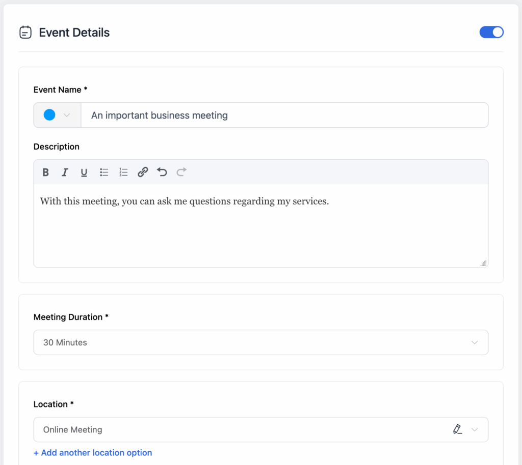 Create a new event with FluentBooking