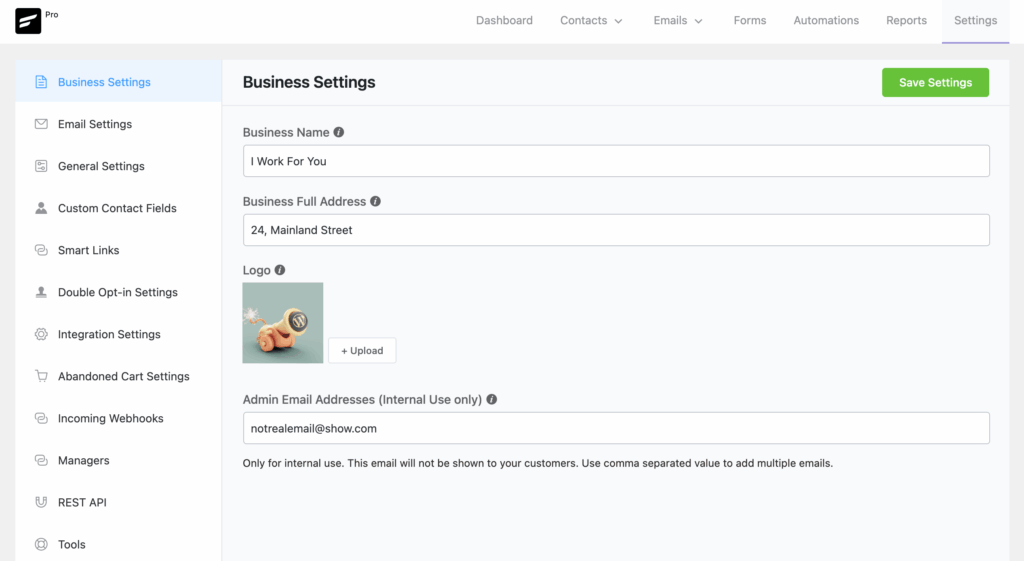 FluentCRM business settings