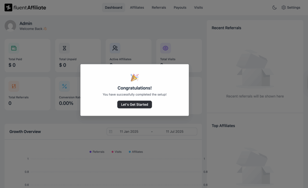 FluentAffiliate - Welcome to the dashboard