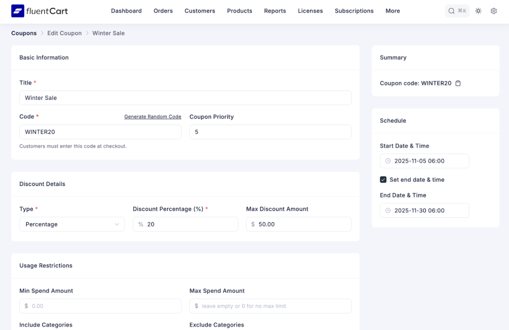 FluentCart — Discount coupons management