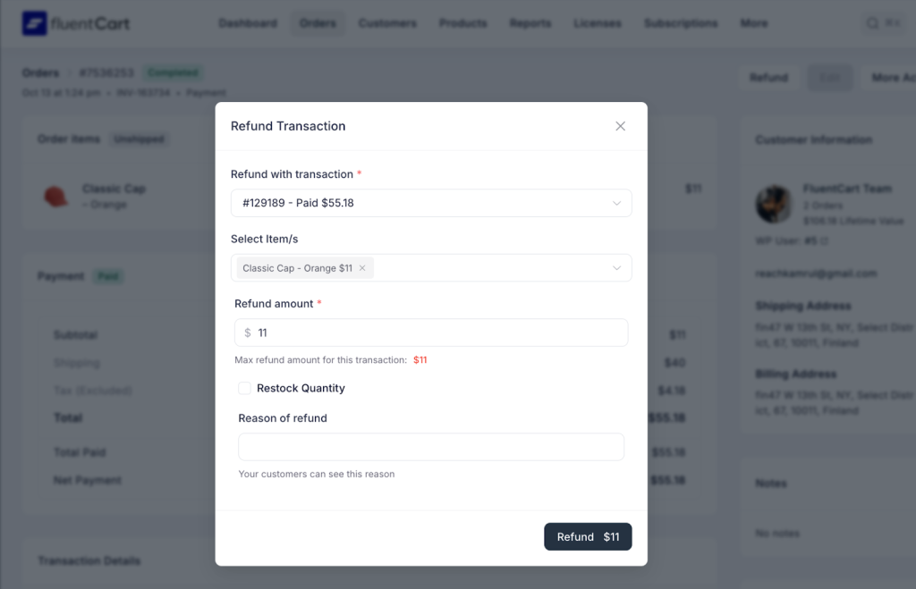FluentCart — Refund Management