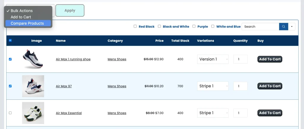 Bulk options product table