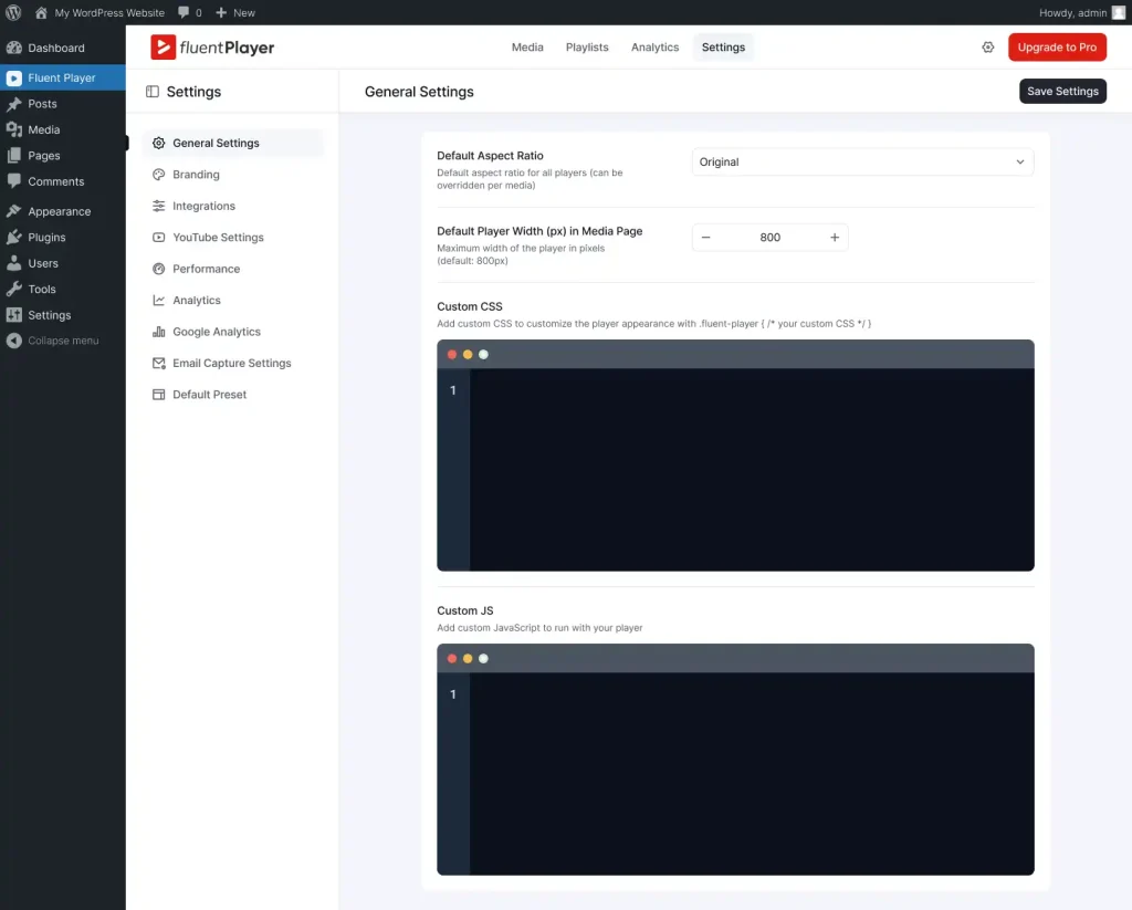 General settings dashboard for FluentCart