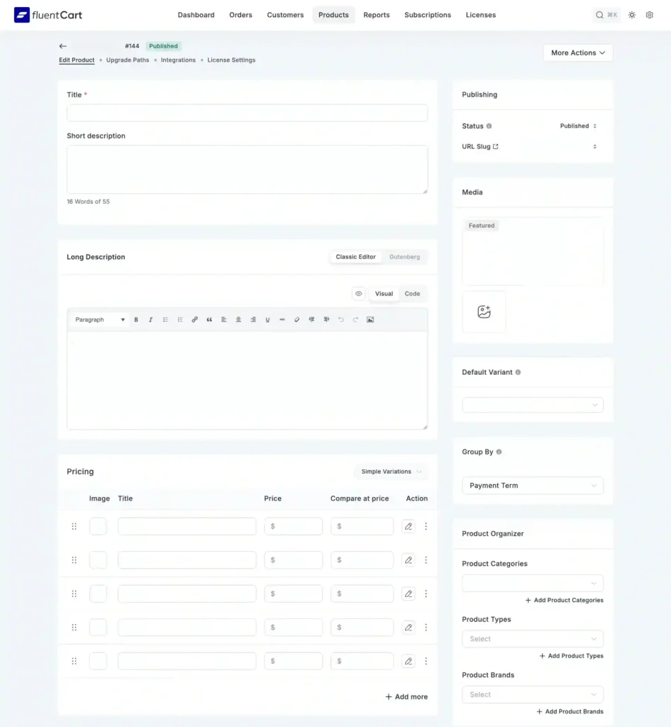 Add Product - FluentCart Dashboard