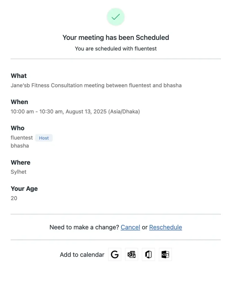 FluentBooking confirmation screen showing the message "Your meeting has been scheduled"