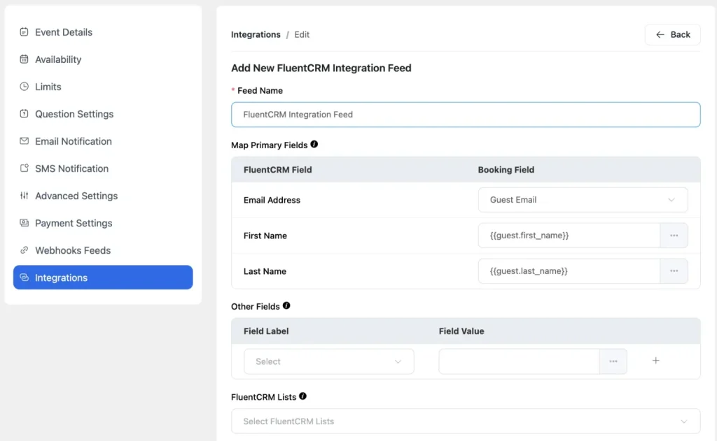 FluentBooking an FluentCRM integration setup