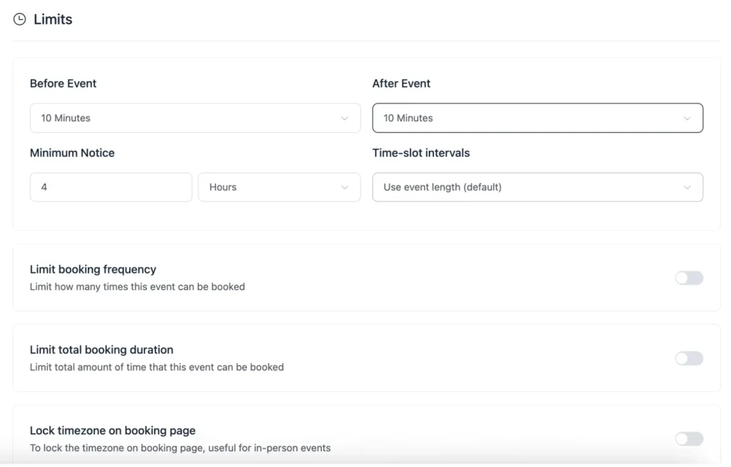 FluentBooking limits settings panel showing buffer time fields before and after appointments