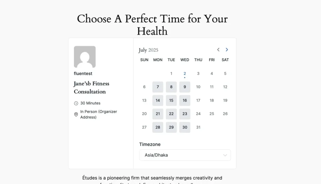 Live WordPress page preview showing the embedded FluentBooking booking calendar