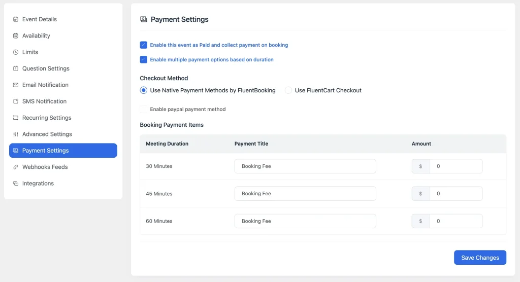 FluentBooking Stripe connection screen showing API key fields and connection status