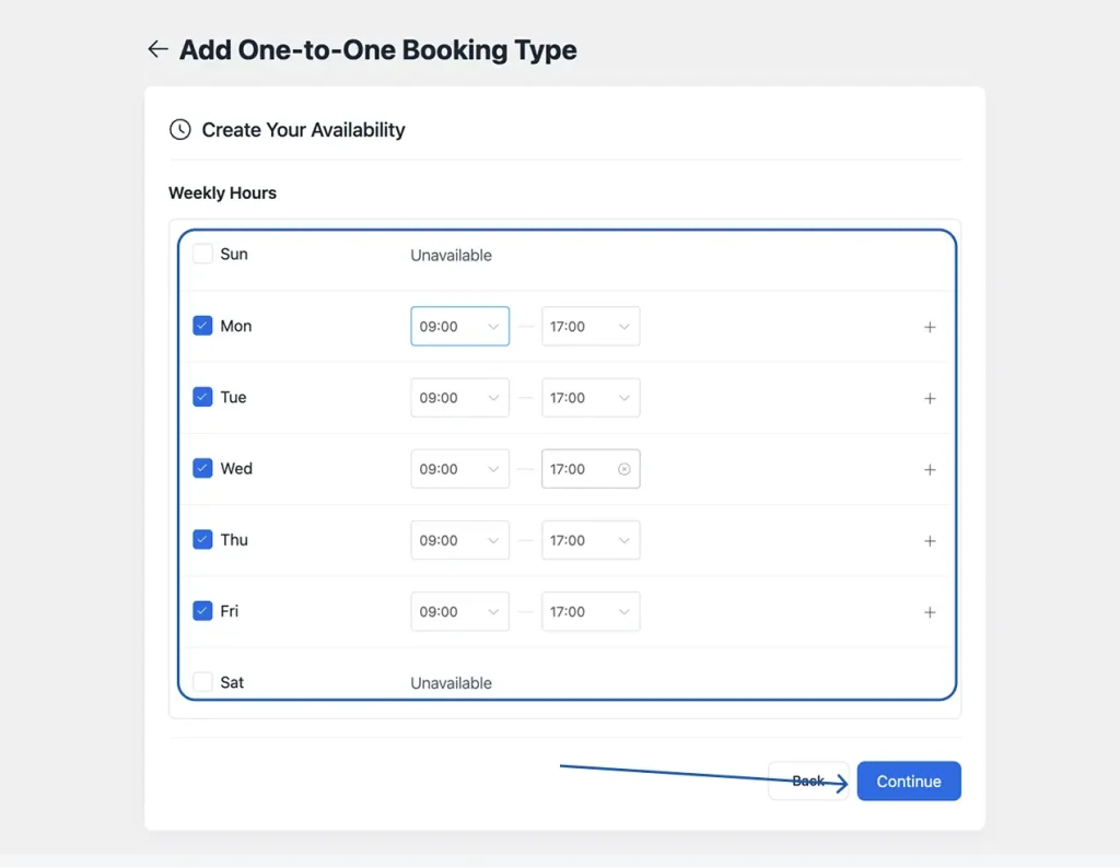 FluentBooking time slot configuration panel showing start and end times set for each working day