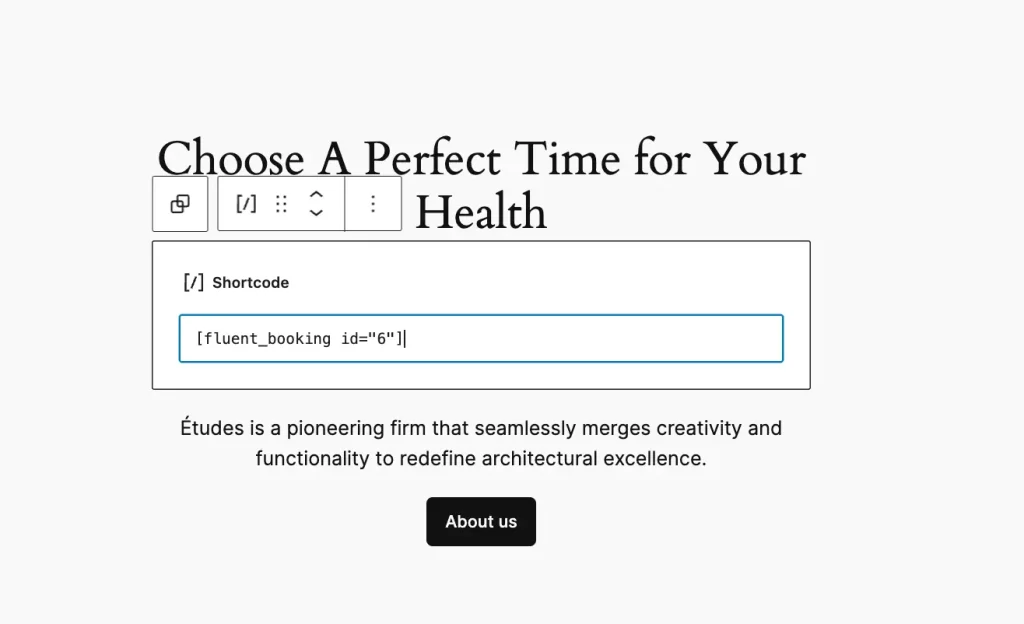 WordPress page editor showing a Shortcode block with the FluentBooking shortcode pasted inside
